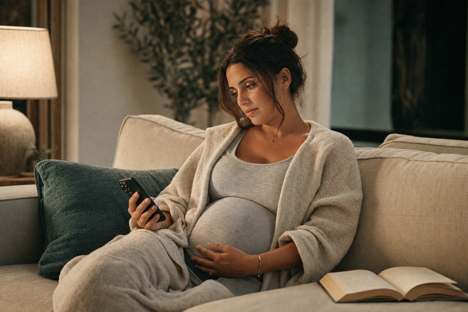 Futura mamá pensativa en casa rodeada de información